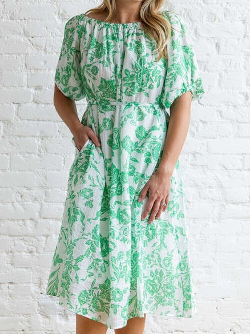 WITHBLACK Vivian Garden Dress White Green Floral Midi Pockets Sizs Large